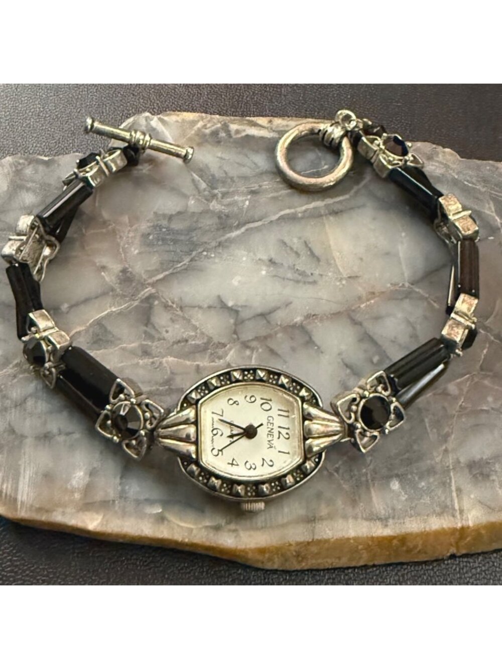 Geneva Vintage Beaded Analog Watch Bracelet Black & Marcasite Toggle Clasp